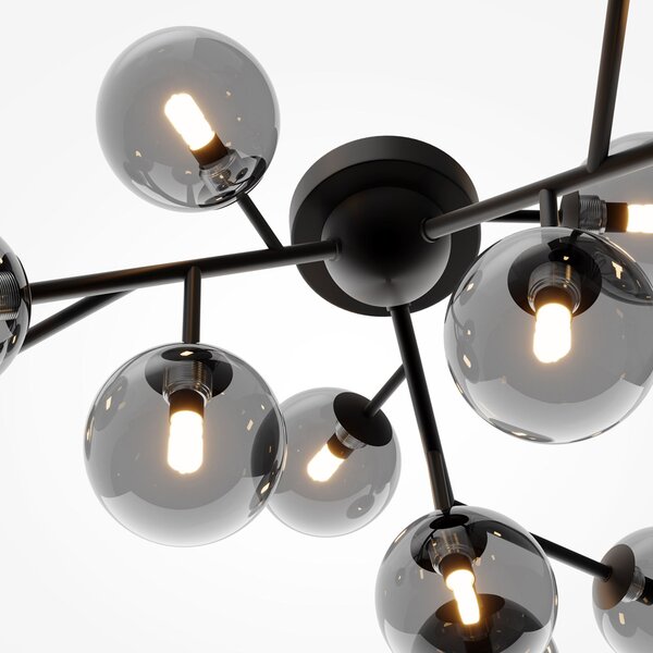 Plafoniera Contemporanea Dallas Metallo Nero 12 Luci Diffusori Vetro Nero Specchiato