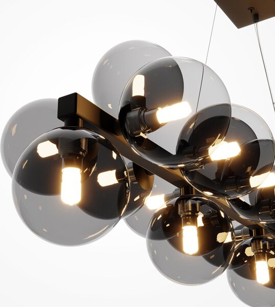 Lampadario Contemporaneo Dallas Metallo Nero 25 Luci Diffusori Vetro Nero Specchiato