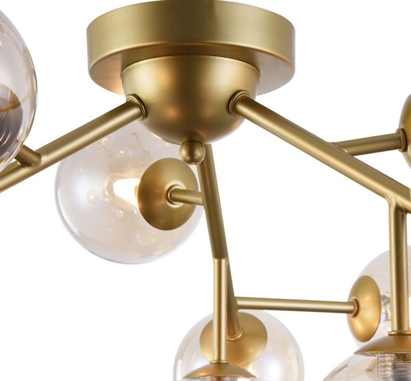 Lampada A Soffitto Contemporanea Dallas Metallo Oro 12 Luci Diffusori Ambra