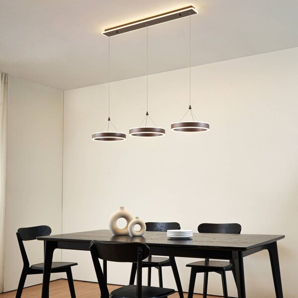 Lucande Lampada LED a sospensione Kolo, 114 cm, 3 luci, marrone, dimmerabile Kolo Lucande,, Marrone / Ruggine, Soggiorno / Sala da pranzo, Moderno