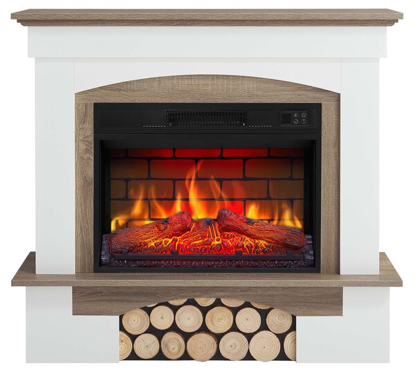 Caminetto elettrico ArtiFlame Woodley AF23BS bianco/rovere grigio – Caminetto elettrico da incasso da 1800 W, effetto fiamma realistico a LED, funzione di riscaldamento, telecomando