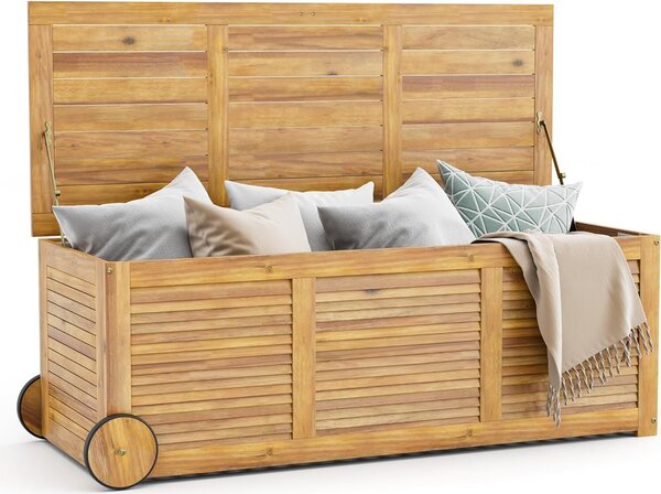 KOMFOTTEU Cassapanca da giardino in legno di acacia 182 L, cassapanca con rotelle, contenitore da giardino con tasca interna inclusa, cassapanca porta cuscini per interni ed esterni, 127x50x45 cm