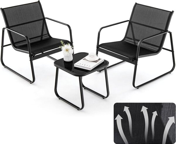 KOMFOTTEU 3 pezzi. Set da balcone Bistro, set di mobili da balcone con 2 sedie impilabili in tessuto Textilene e tavolo da giardino, set da giardino (nero)