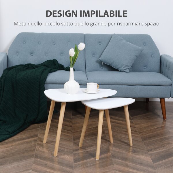 HOMCOM Set 2 Tavolini da Salotto Stile Nordico, Design Impilabile, Gambe in Legno Robuste, Ideale per Soggiorno, Bianco|Aosom