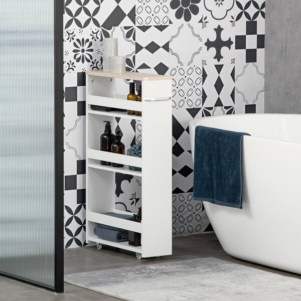 Kleankin Carrello Bagno Salvaspazio a 3 Ripiani con Rotelle e Maniglia in Legno, 48x15x80cm, Bianco|Aosom