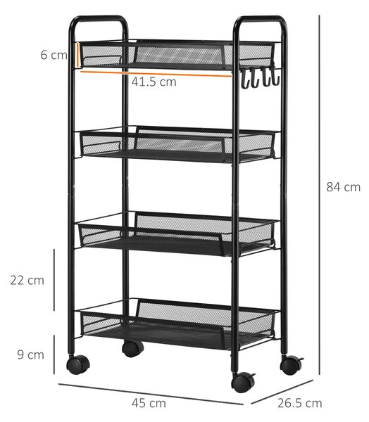 HOMCOM Carrello Cucina 4 Ripiani Rimovibili, 4 Ganci, Ruote Scorrevoli, Acciaio e Plastica PP, 45x26.5x84 cm - Nero|Aosom