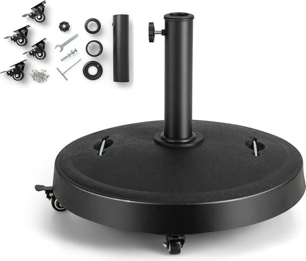KOMFOTTEU Supporto per ombrellone con rotelle, supporto per ombrellone 52 cm per asta da 38 mm / 48 mm, supporto rotante per ombrellone da balcone, supporto per ombrellone
