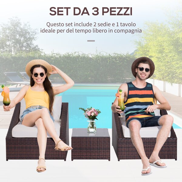 Outsunny Set Mobili da Giardino in PE Rattan con Tavolino e 2 Poltrone con Cuscini, Marrone|Aosom
