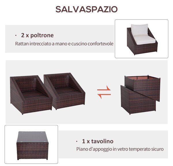 Outsunny Set Mobili da Giardino in PE Rattan con Tavolino e 2 Poltrone con Cuscini, Marrone|Aosom