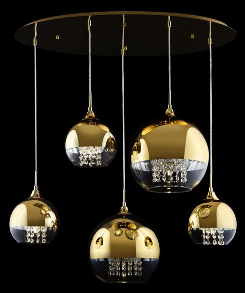 Lampadario Contemporaneo Fermi Metallo Oro 5 Luci Diffusori Vetro E Metallo