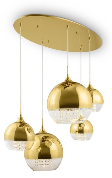 Lampadario Contemporaneo Fermi Metallo Oro 5 Luci Diffusori Vetro E Metallo