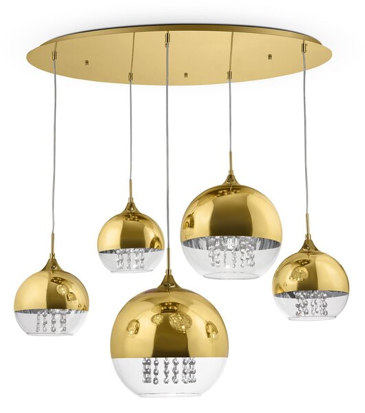 Lampadario Contemporaneo Fermi Metallo Oro 5 Luci Diffusori Vetro E Metallo