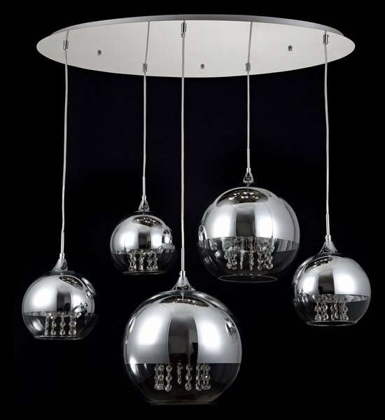 Lampadario Contemporaneo Fermi Metallo Nichel 5 Luci Diffusori Vetro E Metallo