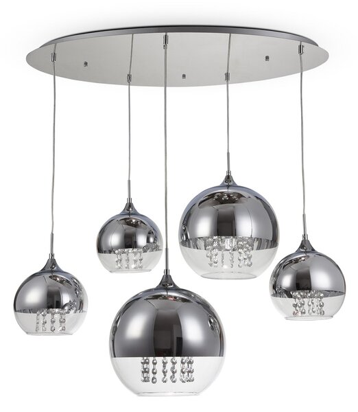 Lampadario Contemporaneo Fermi Metallo Nichel 5 Luci Diffusori Vetro E Metallo