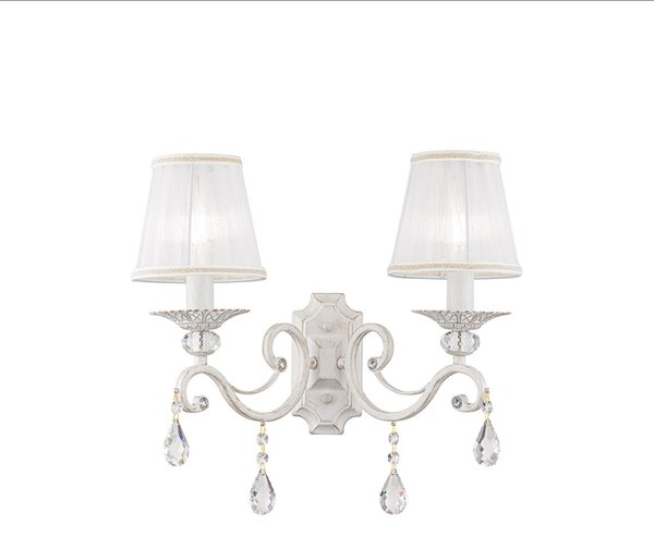 Applique Shabby Chic Grace Metallo Bianco 2 Luci Diffusori Tessuto Su Pvc Bianco