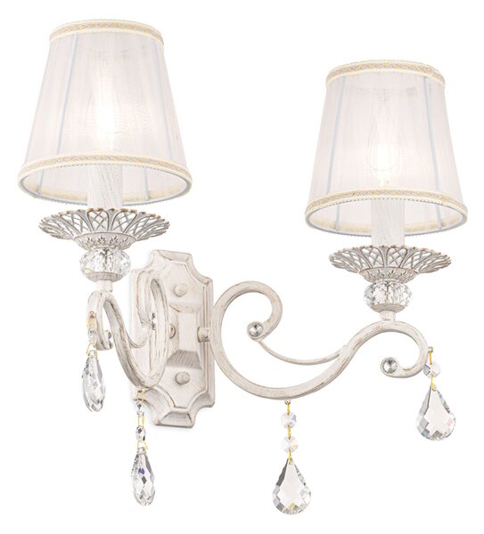 Applique Shabby Chic Grace Metallo Bianco 2 Luci Diffusori Tessuto Su Pvc Bianco