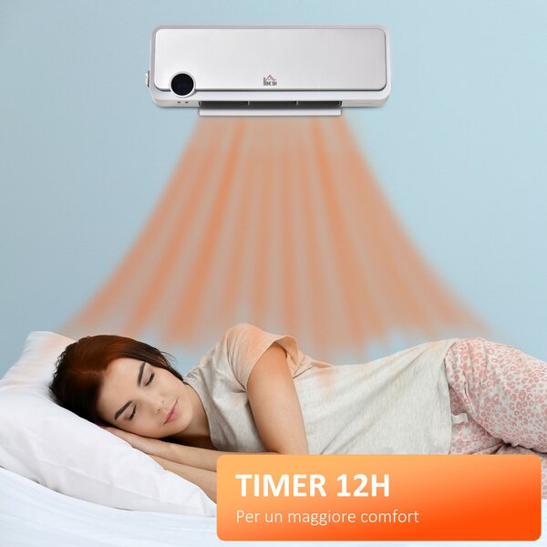 HOMCOM Riscaldatore Elettrico da Parete a 3 Modalità con Timer 12h, in PP e PA, 56x18.5x11.7 cm, Bianco e Argento