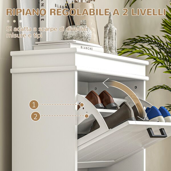 HOMCOM Scarpiera Moderna con 2 Cassetti Ribaltabili per 10 Paia di Scarpe e Ripiano Regolabile, 54x24x82.5cm, Bianco