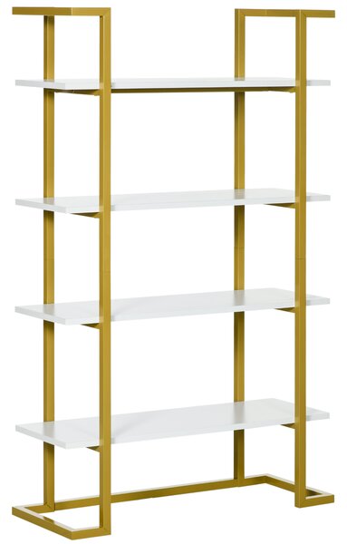HOMCOM Scaffale Libreria a 4 Livelli in MDF e Acciaio, Mobile Libreria con Base Rialzata, 92x35x152cm, Bianco e Oro | Aosom Italy