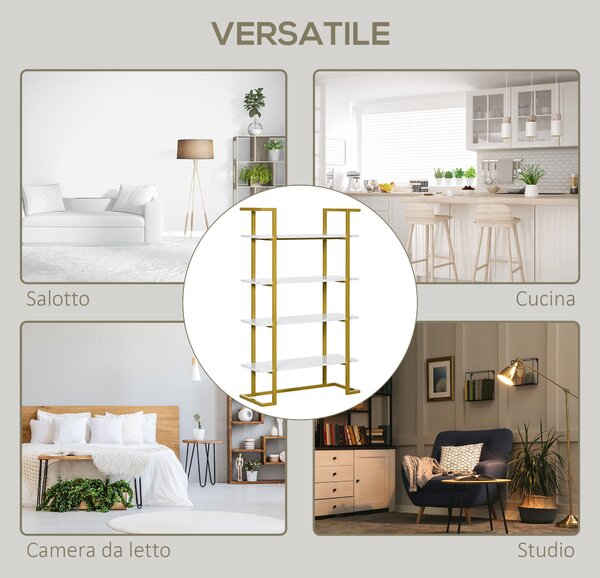 HOMCOM Scaffale Libreria a 4 Livelli in MDF e Acciaio, Mobile Libreria con Base Rialzata, 92x35x152cm, Bianco e Oro | Aosom Italy