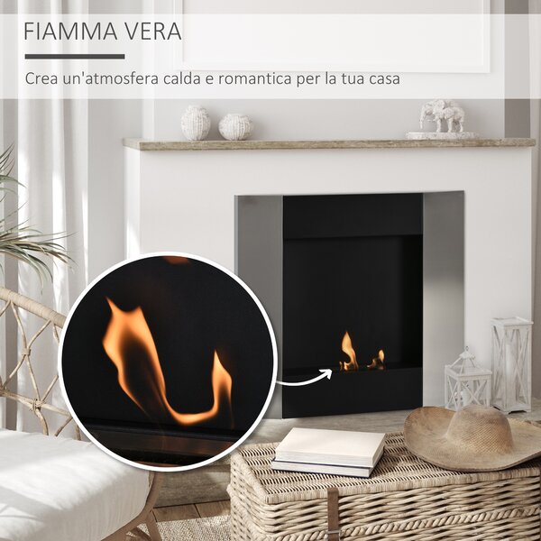 HOMCOM Camino Bioetanolo Moderno da Parete con Serbatoio da 0.7L, Stufe a Bioetanolo in Acciaio e Vetro, 72x11x72cm, Argento e Nero | Aosom Italy