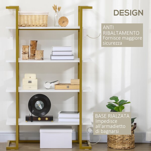 HOMCOM Scaffale Libreria a 4 Livelli in MDF e Acciaio, Mobile Libreria con Base Rialzata, 92x35x152cm, Bianco e Oro | Aosom Italy