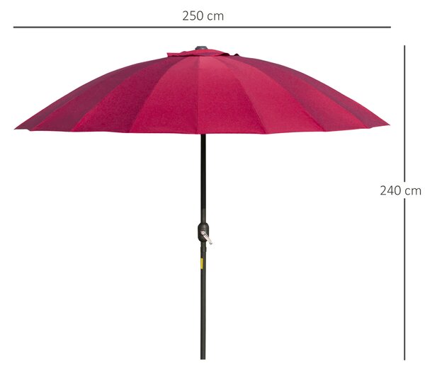 Outsunny Ombrellone Rotondo Pieghevole a 18 Stecche con Manovella, in Metallo e Poliestere, Ø250x240 cm, Rosso Vino