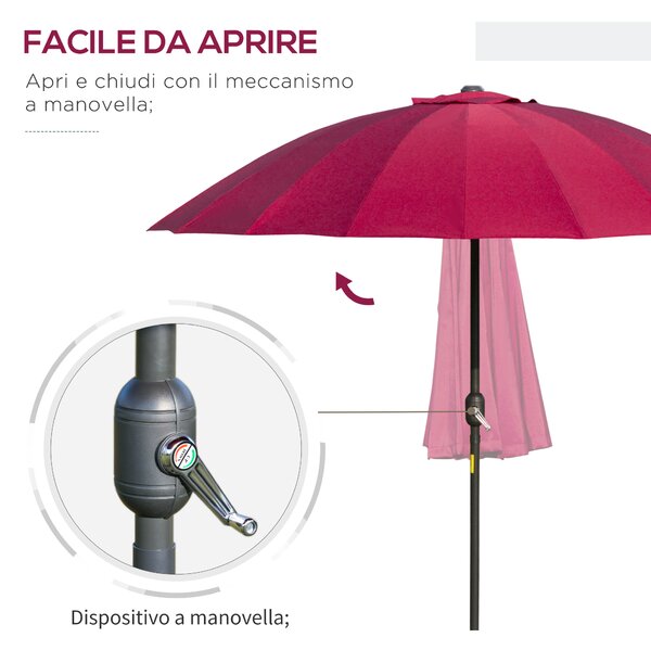 Outsunny Ombrellone Rotondo Pieghevole a 18 Stecche con Manovella, in Metallo e Poliestere, Ø250x240 cm, Rosso Vino