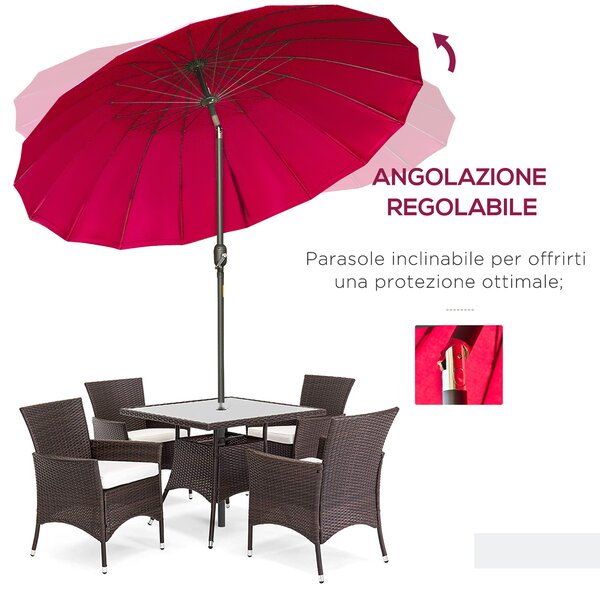 Outsunny Ombrellone Rotondo Pieghevole a 18 Stecche con Manovella, in Metallo e Poliestere, Ø250x240 cm, Rosso Vino
