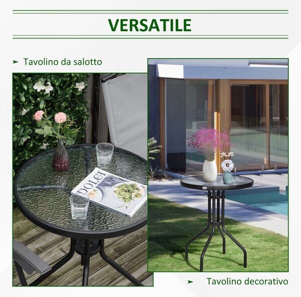 Outsunny Tavolino In Ferro Rotondo da Balcone Tavolino da Esterno con Piano in Vetro Temperato, Nero|Aosom