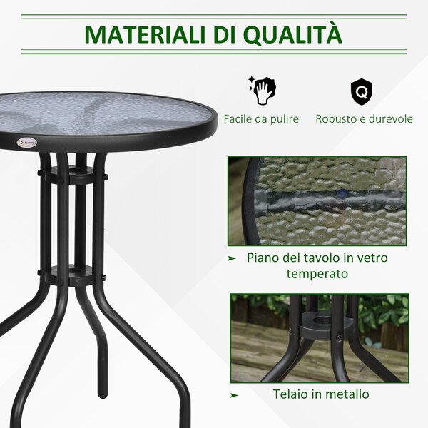 Outsunny Tavolino In Ferro Rotondo da Balcone Tavolino da Esterno con Piano in Vetro Temperato, Nero|Aosom