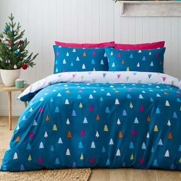 Biancheria da letto singola in microfibra bianca e blu 135x200 cm Christmas Tree - Catherine Lansfield