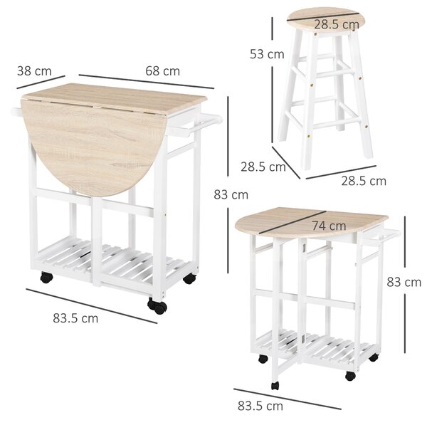 HOMCOM Carrello Cucina Pieghevole e Salvaspazio Tavolino con 2 Sgabelli 2 Cassetti 5 Ruote (Rotazione 360°), Legno MDF Bianco|Aosom