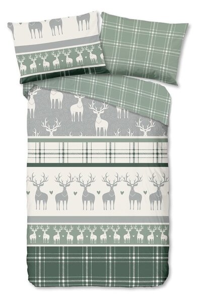 Biancheria da letto in flanella verde e crema per letto singolo 140x200 cm Bjirk - Good Morning