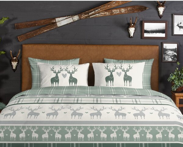 Biancheria da letto in flanella verde e crema per letto singolo 140x200 cm Bjirk - Good Morning