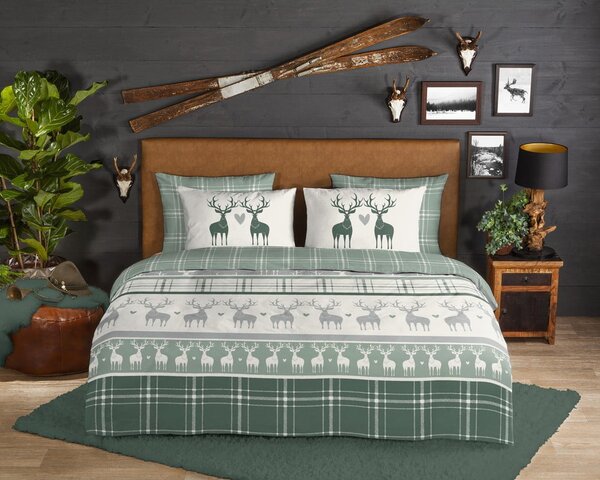 Biancheria da letto in flanella verde e crema per letto singolo 140x200 cm Bjirk - Good Morning