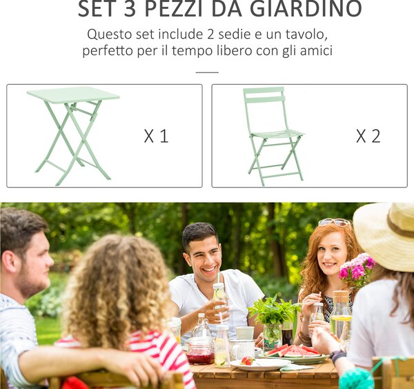 Outsunny Set Tavolo e Sedie da Giardino ed Esterno in Metallo Verde, Set da 3 Pezzi Pieghevole e Salvaspazio|Aosom