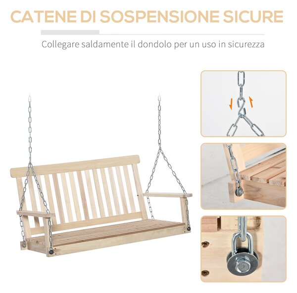Outsunny Dondolo per Esterno Sospeso per 2 Persone in Legno e Catene in Metallo, Colore Naturale 119x65x61cm|Aosom