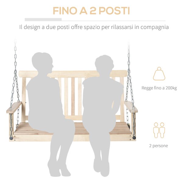 Outsunny Dondolo per Esterno Sospeso per 2 Persone in Legno e Catene in Metallo, Colore Naturale 119x65x61cm|Aosom
