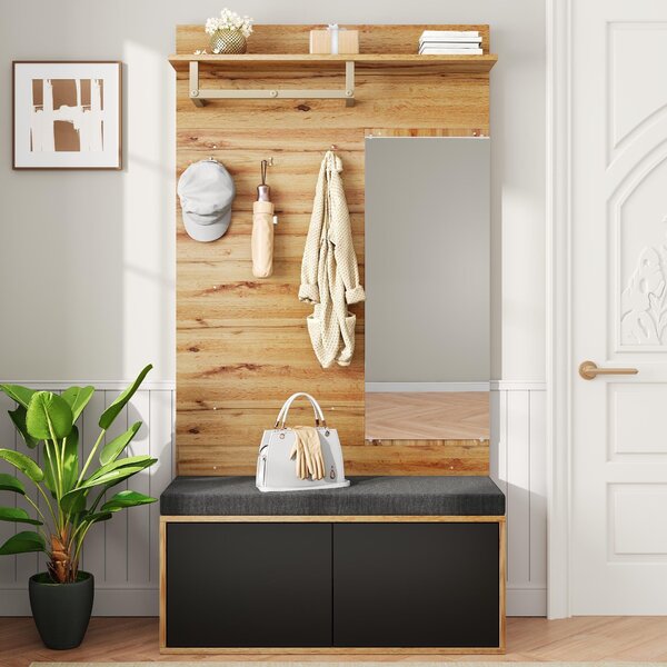 AIORBER Set di armadi moderni 100 x 190 x 38 cm con specchio, scarpiera e panca - armadio da corridoio con ganci e spazio di archiviazione, in legno nero
