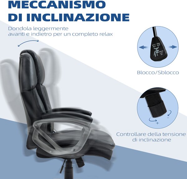Vinsetto Poltrona da Ufficio Ergonomica con Poggiatesta, Altezza Regolabile e Dondolo, Sedia Girevole con Ruote, 68x76x117-125cm, Nero|Aosom