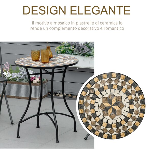 Outsunny Tavolo da Giardino Rotondo in Metallo e Mosaico, Tavolo da Esterno, Ф60x71cm, Nero|Aosom