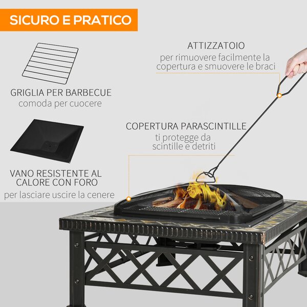 Outsunny Braciere Multiuso da Giardino con Coperchio Parascintille, attizzatoio e Griglia per Barbecue in Metallo, 76x76x47cm, Nero | Aosom Italy