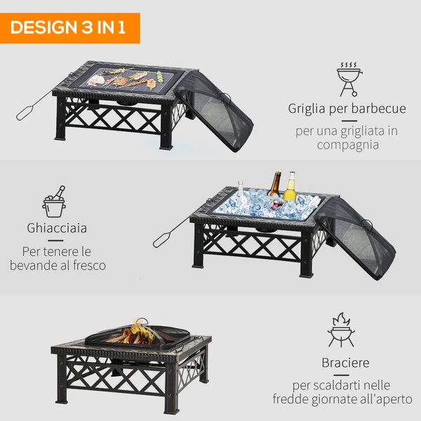 Outsunny Braciere Multiuso da Giardino con Coperchio Parascintille, attizzatoio e Griglia per Barbecue in Metallo, 76x76x47cm, Nero | Aosom Italy