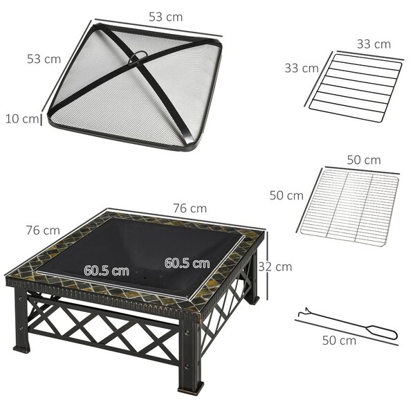 Outsunny Braciere Multiuso da Giardino con Coperchio Parascintille, attizzatoio e Griglia per Barbecue in Metallo, 76x76x47cm, Nero | Aosom Italy