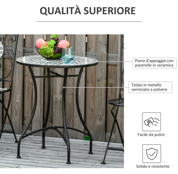 Outsunny Tavolino da Giardino in Metallo e Ceramica, Tavolo da Esterno per Terrazzo o Balcone, Diametro 60x71cm, Nero|Aosom