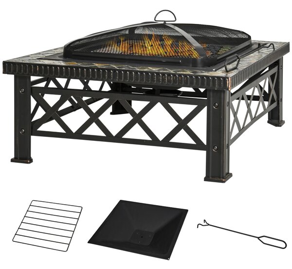 Outsunny Braciere Multiuso da Giardino con Coperchio Parascintille, attizzatoio e Griglia per Barbecue in Metallo, 76x76x47cm, Nero | Aosom Italy