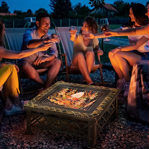 Outsunny Braciere Multiuso da Giardino con Coperchio Parascintille, attizzatoio e Griglia per Barbecue in Metallo, 76x76x47cm, Nero | Aosom Italy