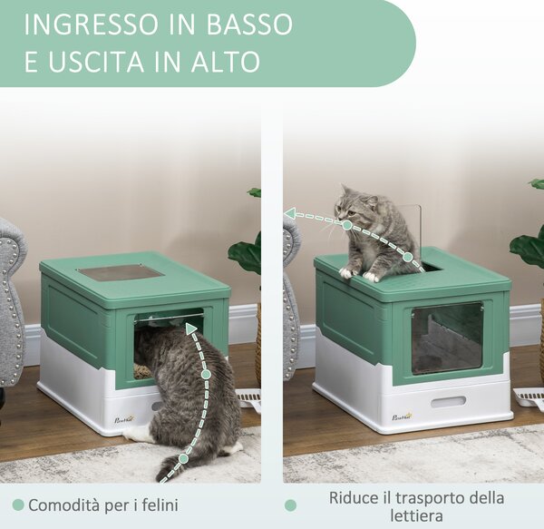 PawHut Lettiera per Gatti Chiusa con Paletta, Vassoio Estraibile e 2 Porte, 47.5x35.5x36.7cm, Verde|Aosom