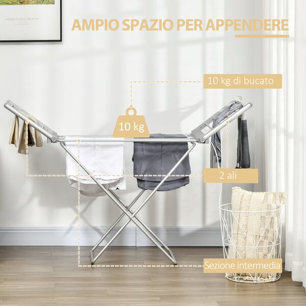 HOMCOM Stendino Elettrico Riscaldato Salvaspazio in Alluminio Pieghevole per Asciugatura Veloce e Comoda 144x53x96cm Argento|Aosom